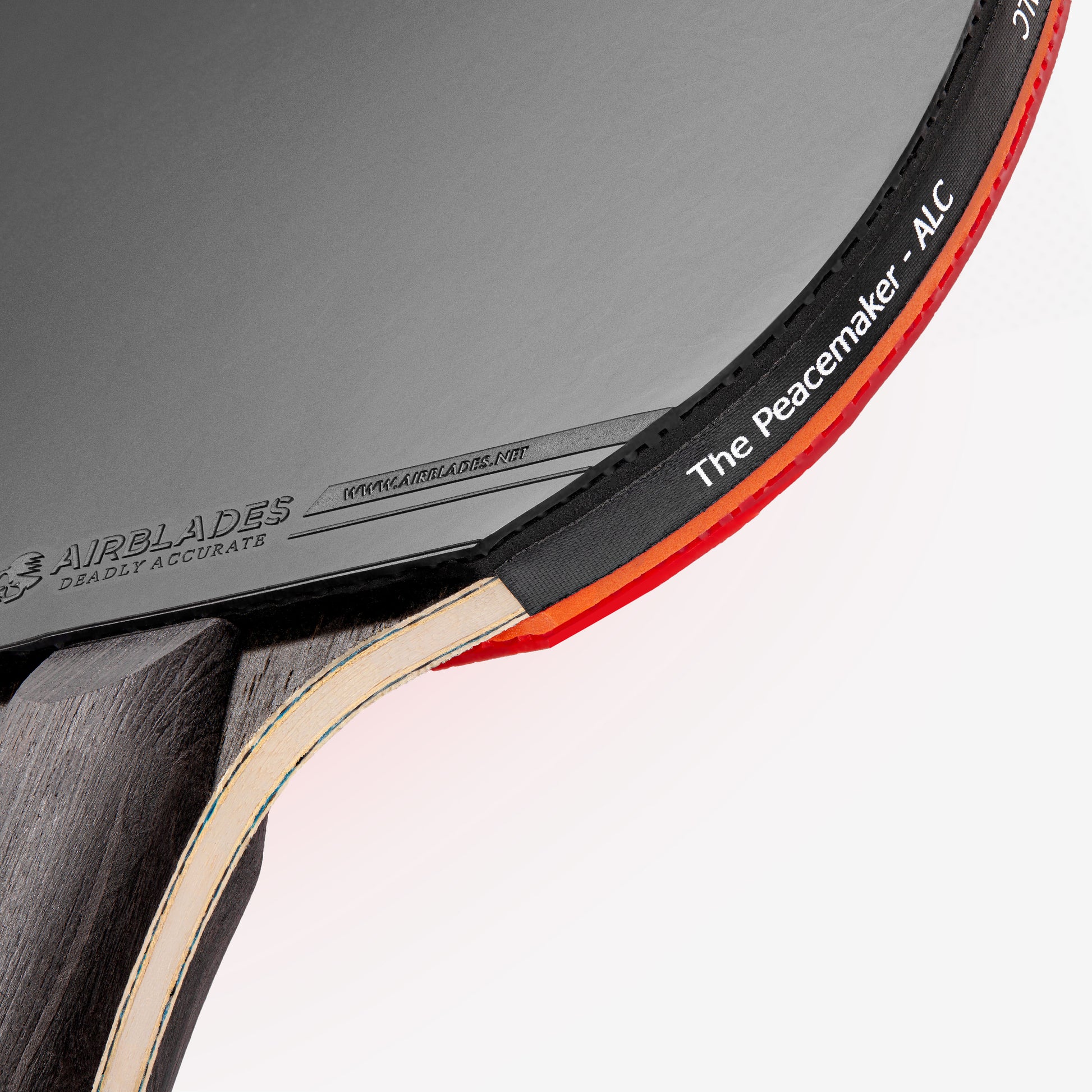 Close Up of the AirBlades Peacemaker table tennis paddle with 7 layers