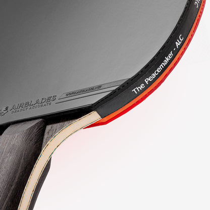 Close Up of the AirBlades Peacemaker table tennis paddle with 7 layers