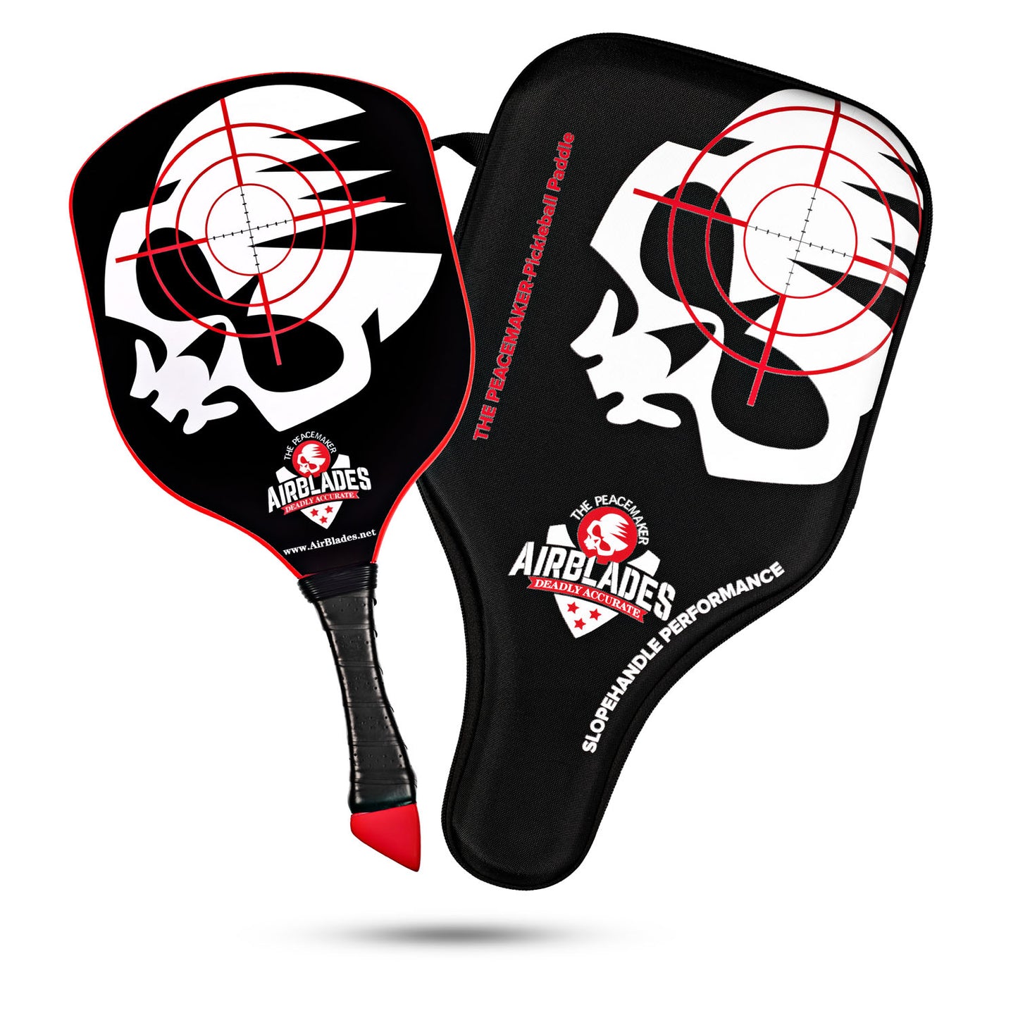 AirBlades Peacemaker Pickleball Paddle with black and red skull target design, shown alongside matching protective case, featuring patented SlopeHandle grip.