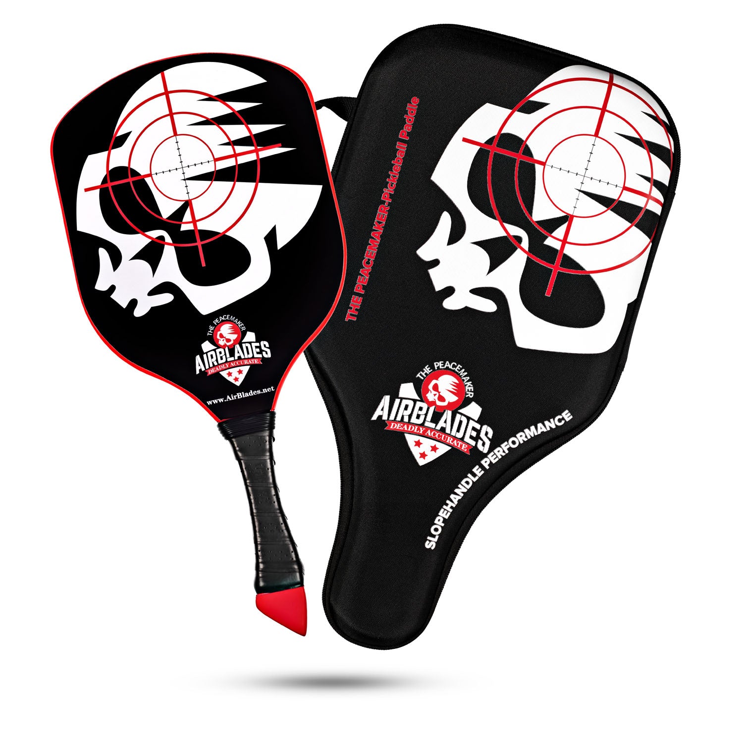 AirBlades Peacemaker Pickleball Paddle with black and red skull target design, shown alongside matching protective case, featuring patented SlopeHandle grip.