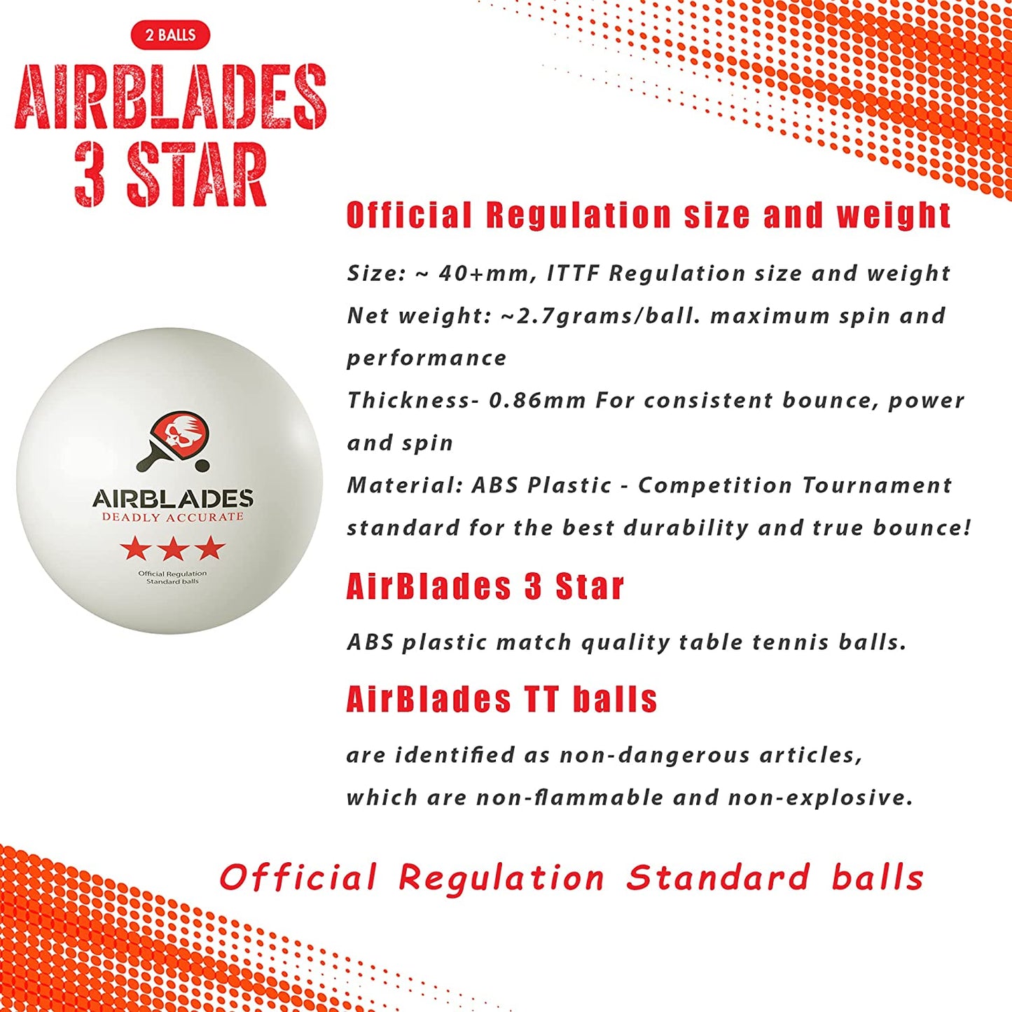 AirBlades 3 Star Ping Pong Balls | High Performance, Table Tennis Balls for Tournament Play & Training | Advanced ABS Plastic | Regulation Standard Ping Pong Balls - 2 Pack